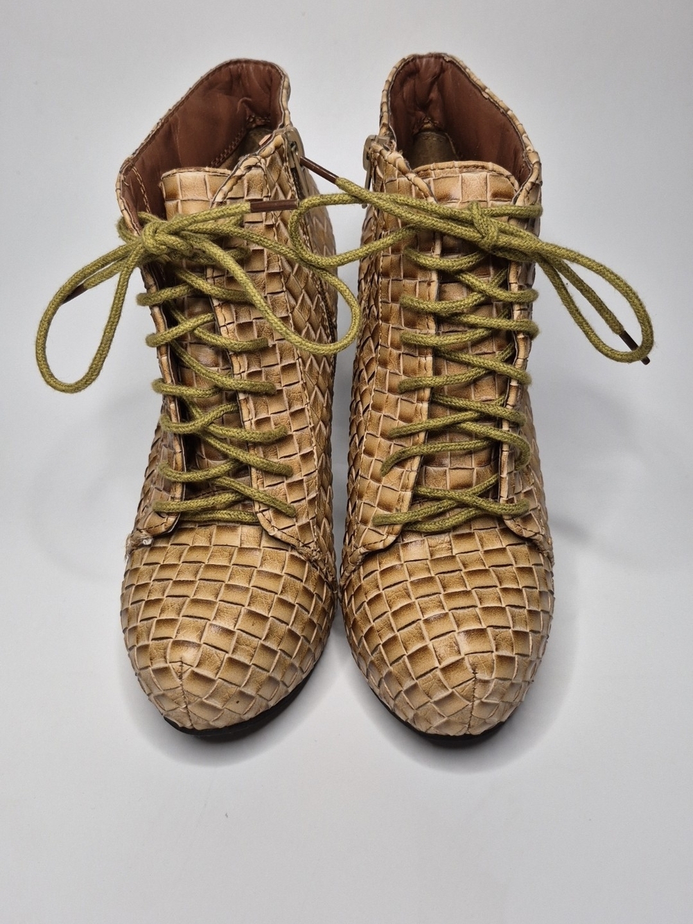 Woven Lace-Up Ankle Boots in Tan with Olive Laces